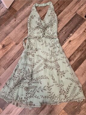Beth Bowley Mint Green Embroidered Halter Midi Dress Sz 4 EUC